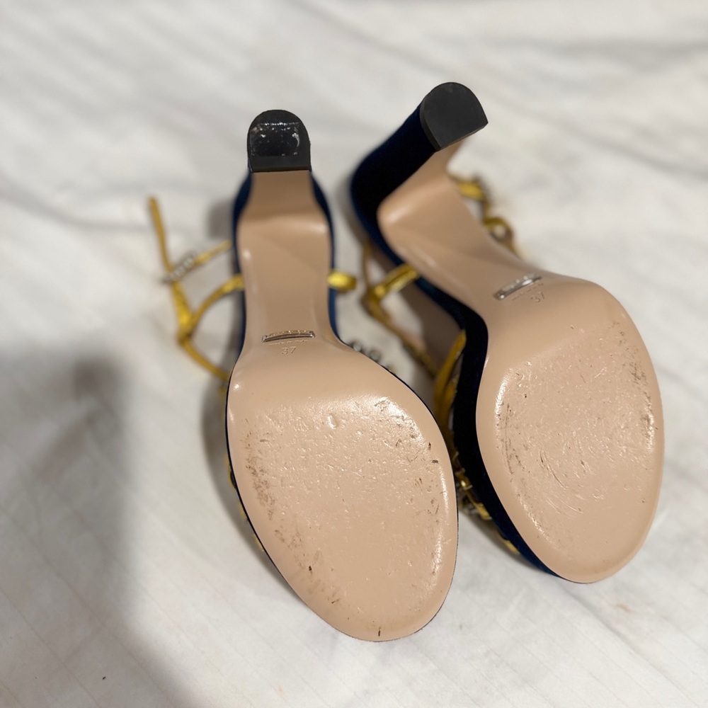 Gucci Zephyra Gold Crystal Blue Velvet Heels | Size 37 US 7 - Picture 8 of 15
